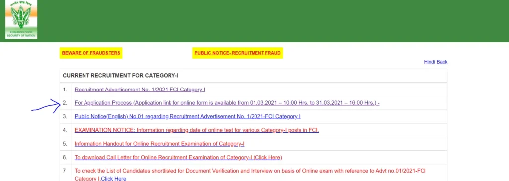 FCI Recruitment 2022 white background with blue color links